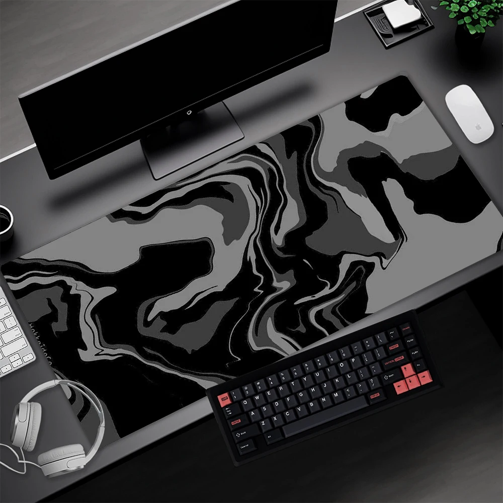 Pc Gaming Liquid - แผ่นรองเมาส์ลายเส้นน้ำ อุปกรณ์เสริมสำหรับเล่นเกม ลายภูมิประเทศ ลายหินอ่อน สีดำ พรมสีเทา